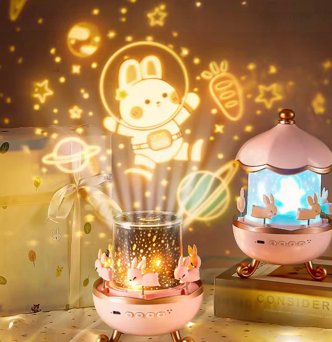 🌙 Bunny Night Light Projector – Starry Sky Carousel Lamp
Make bedtime magical with this adorable rotating bunny night light! Projects stars, moons & "Good night" text to calm and comfort kids.