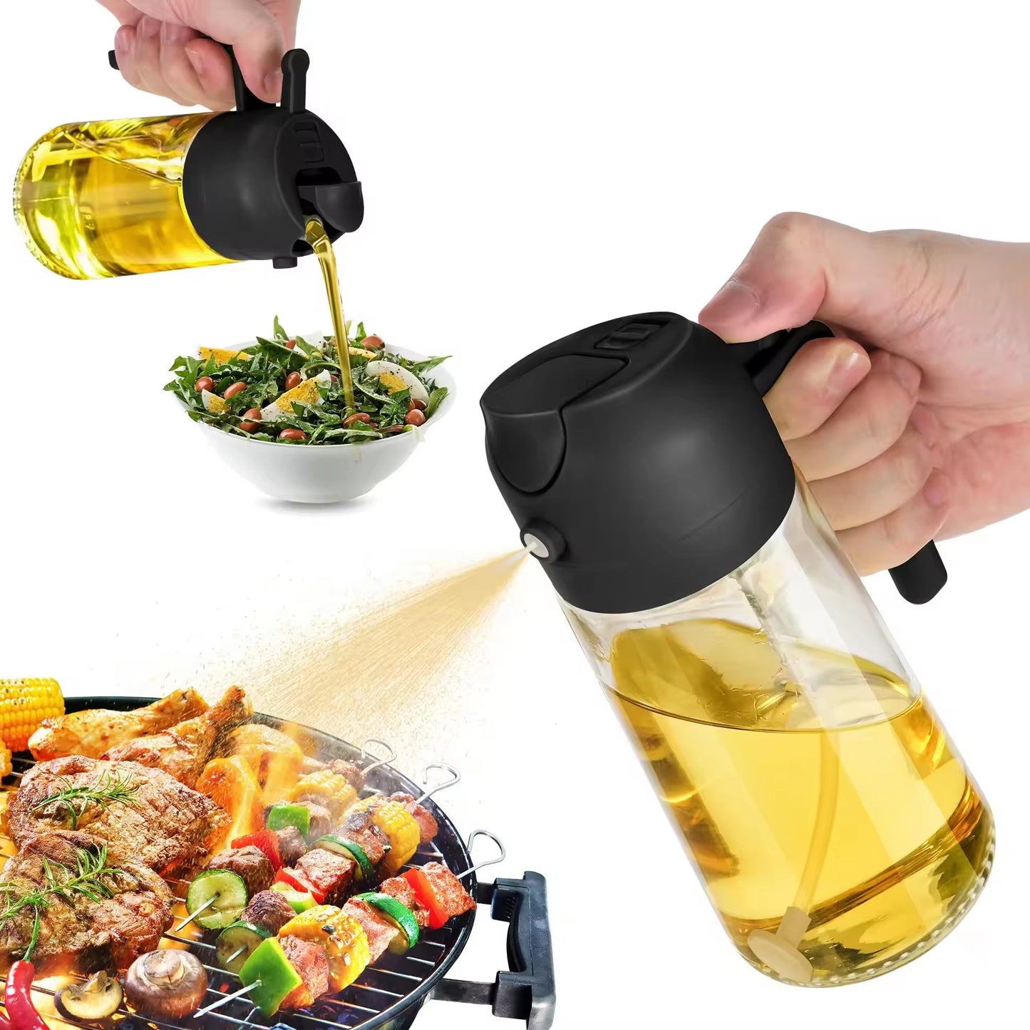 2-in-1 Glas Ölspender und Sprüher mit Griff - ideal zum Braten, Backen und Grillen