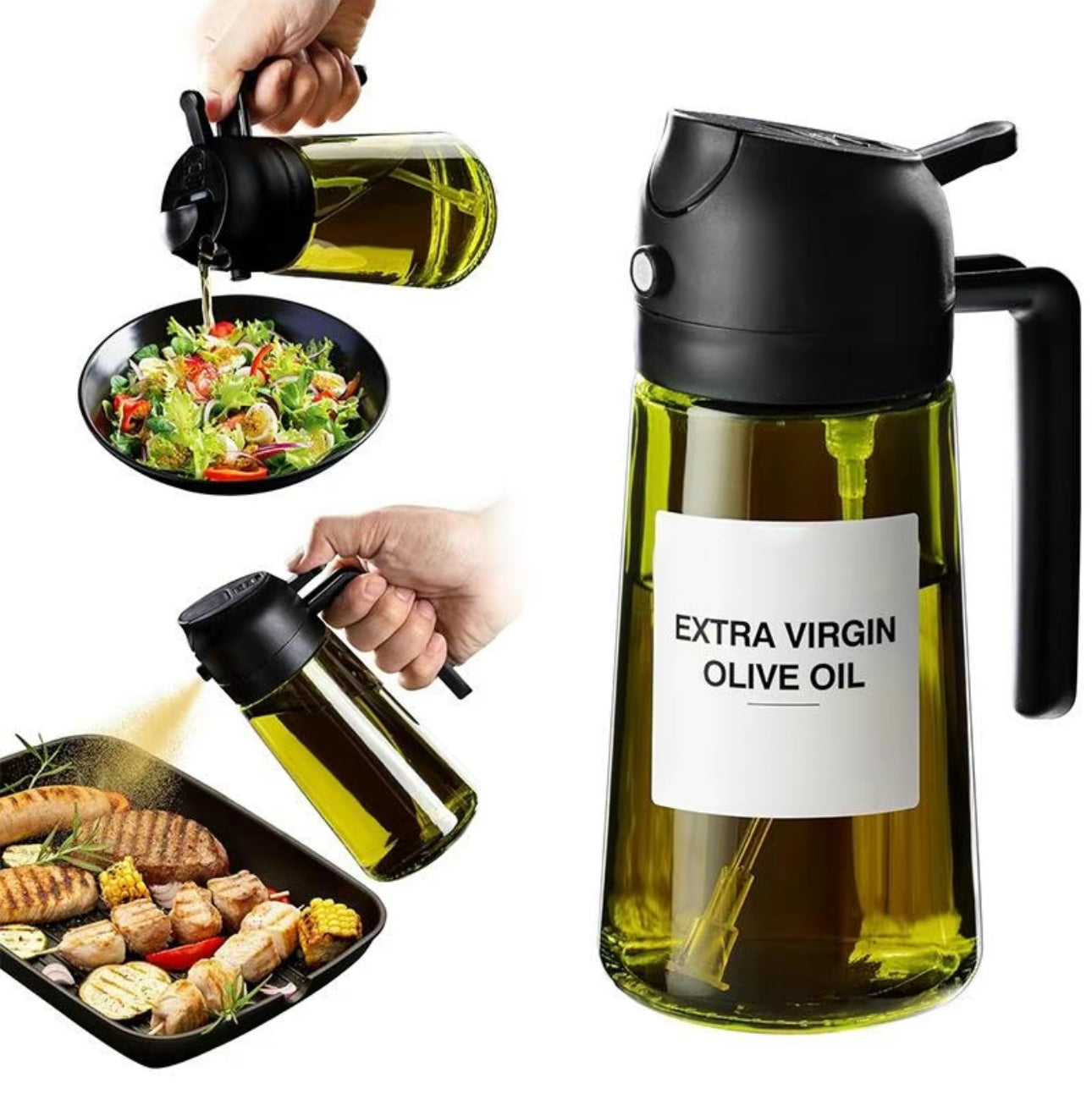2-in-1 Glas Ölspender und Sprüher mit Griff - ideal zum Braten, Backen und Grillen