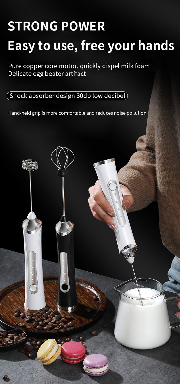🔥 Powerful Handheld Milk Frother & Egg Beater – USB Rechargeable, Low Noise, Dual Whisk Attachments