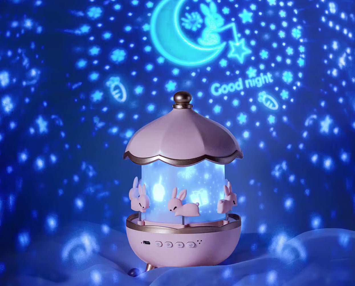 🌙 Bunny Night Light Projector – Starry Sky Carousel Lamp
Make bedtime magical with this adorable rotating bunny night light! Projects stars, moons & "Good night" text to calm and comfort kids.